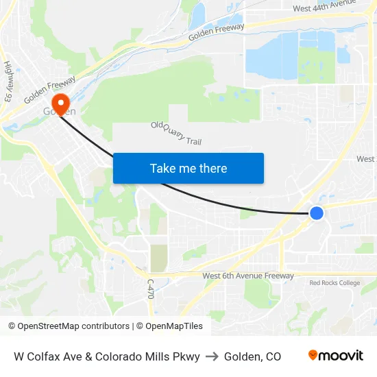 W Colfax Ave & Colorado Mills Pkwy to Golden, CO map