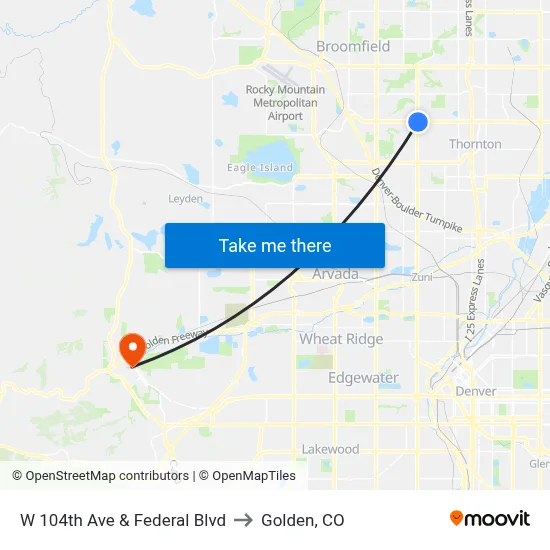 W 104th Ave & Federal Blvd to Golden, CO map