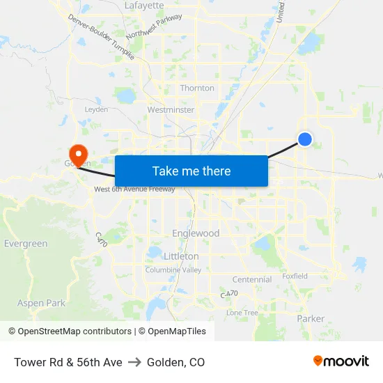 Tower Rd & 56th Ave to Golden, CO map
