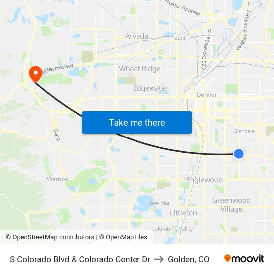 S Colorado Blvd & Colorado Center Dr to Golden, CO map