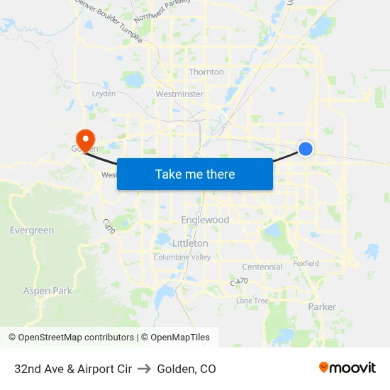 32nd Ave & Airport Cir to Golden, CO map