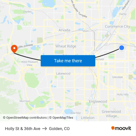 Holly St & 36th Ave to Golden, CO map