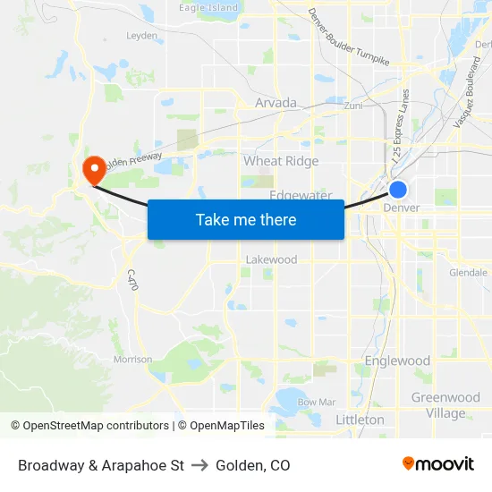 Broadway & Arapahoe St to Golden, CO map