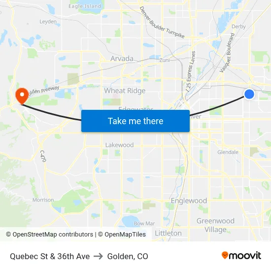 Quebec St & 36th Ave to Golden, CO map