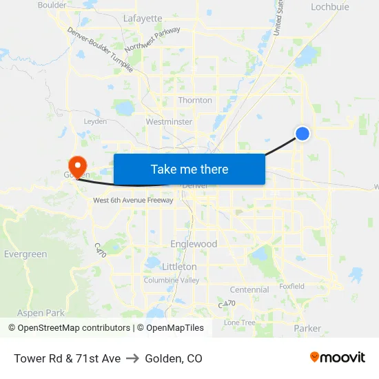Tower Rd & 71st Ave to Golden, CO map