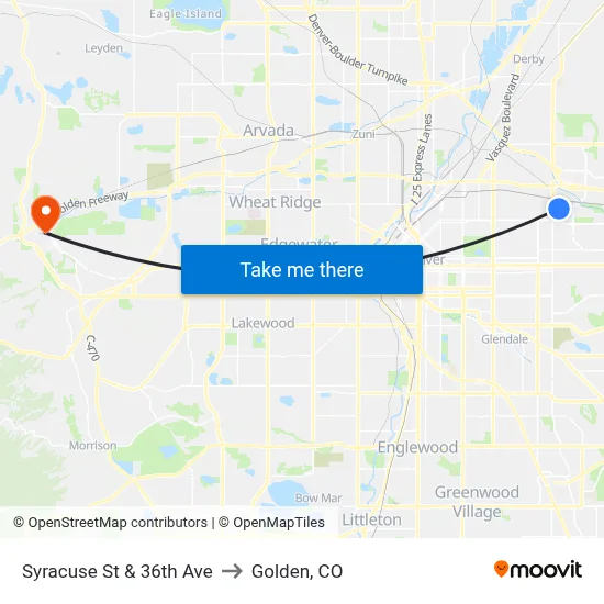 Syracuse St & 36th Ave to Golden, CO map