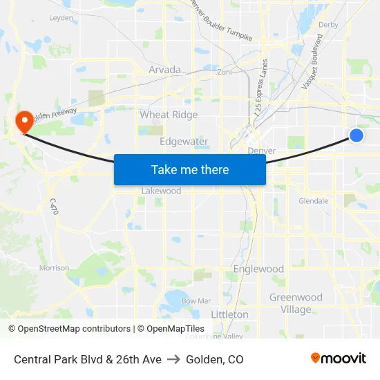 Central Park Blvd & 26th Ave to Golden, CO map