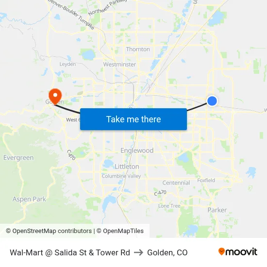Wal-Mart @ Salida St & Tower Rd to Golden, CO map