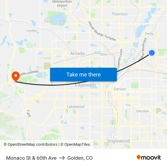 Monaco St & 60th Ave to Golden, CO map