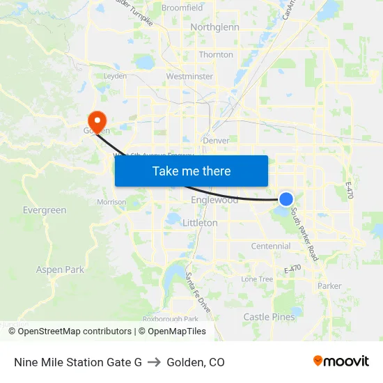 Nine Mile Station Gate G to Golden, CO map