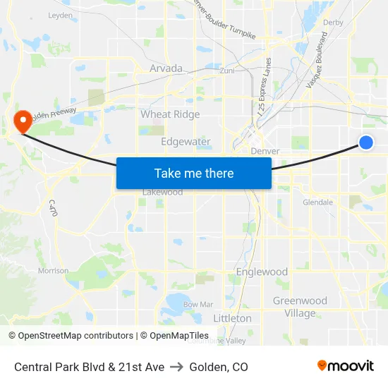 Central Park Blvd & 21st Ave to Golden, CO map