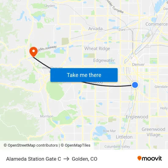 Alameda Station Gate C to Golden, CO map