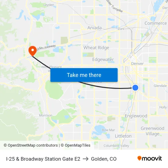I-25 & Broadway Station Gate E2 to Golden, CO map