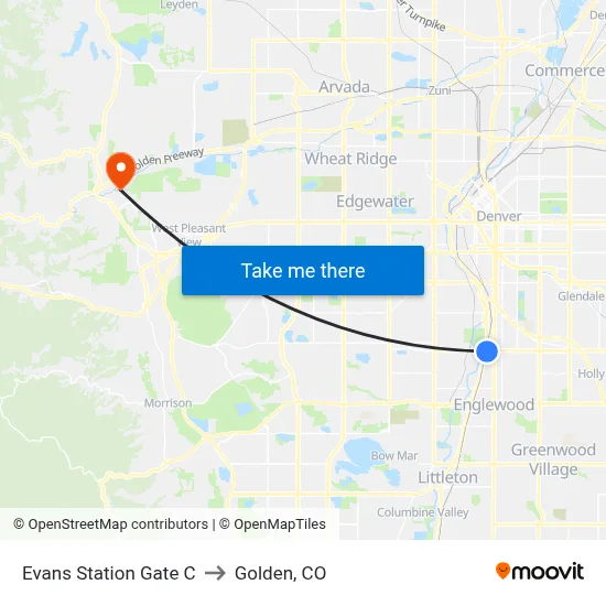 Evans Station Gate C to Golden, CO map