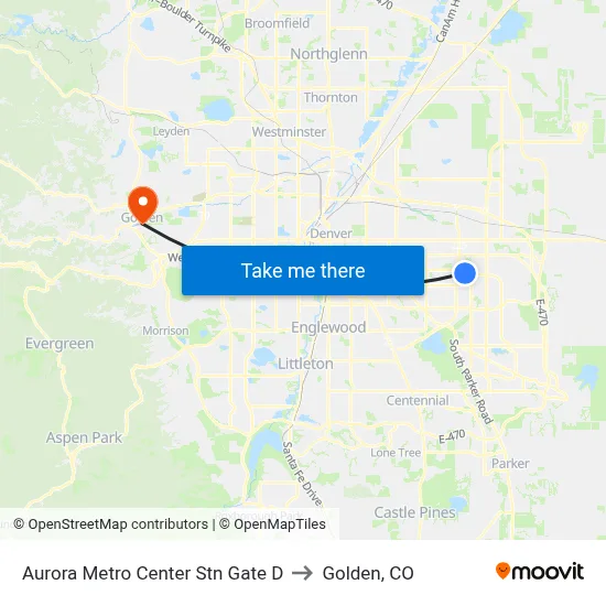 Aurora Metro Center Stn Gate D to Golden, CO map