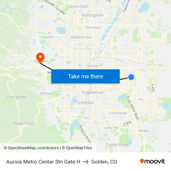 Aurora Metro Center Stn Gate H to Golden, CO map