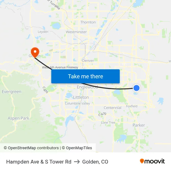 Hampden Ave & S Tower Rd to Golden, CO map