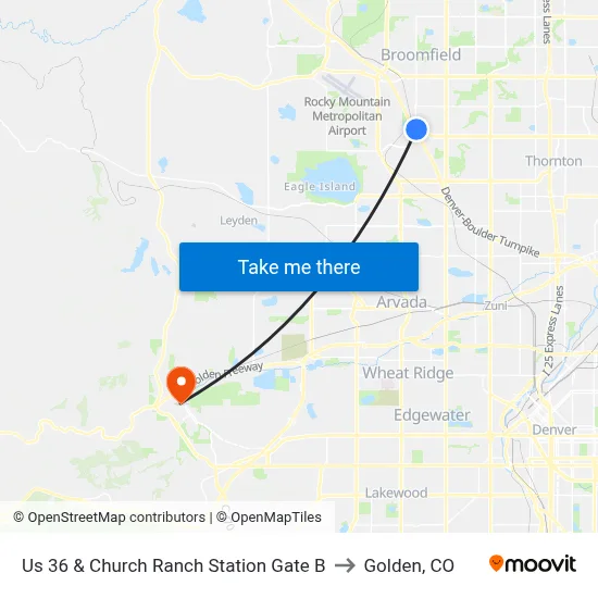 Us 36 & Church Ranch Station Gate B to Golden, CO map