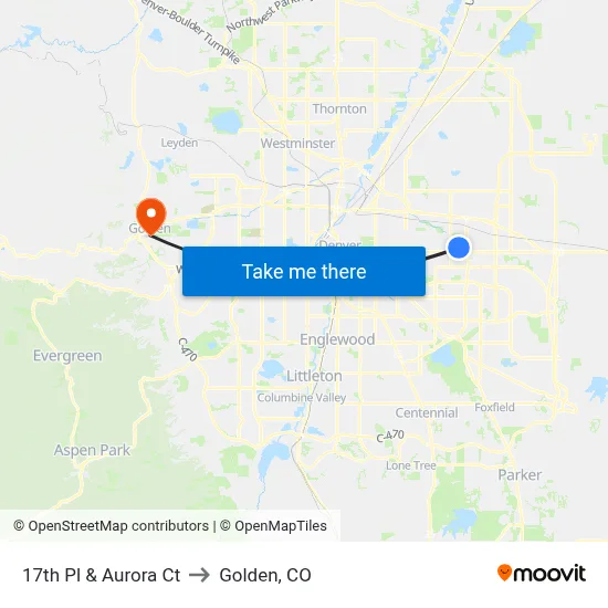 17th Pl & Aurora Ct to Golden, CO map