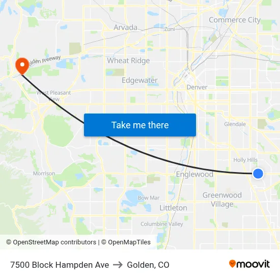 7500 Block Hampden Ave to Golden, CO map