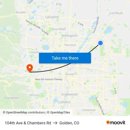 104th Ave & Chambers Rd to Golden, CO map
