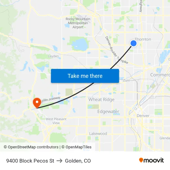 9400 Block Pecos St to Golden, CO map