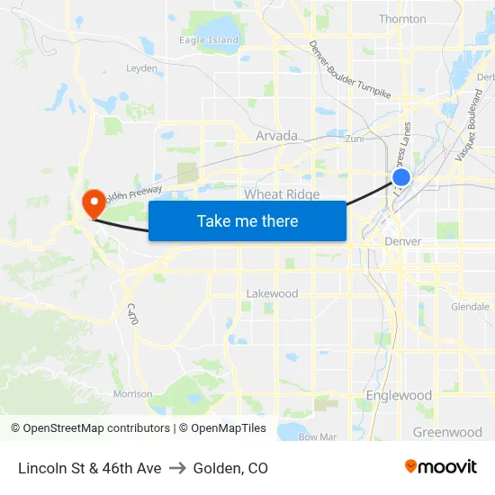 Lincoln St & 46th Ave to Golden, CO map