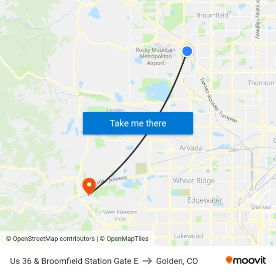 Us 36 & Broomfield Station Gate E to Golden, CO map