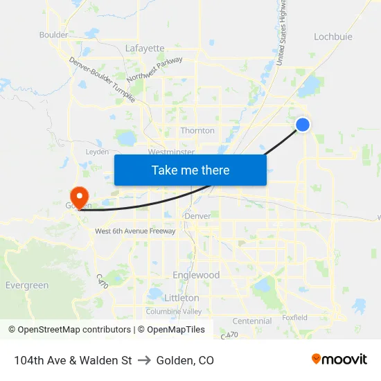 104th Ave & Walden St to Golden, CO map