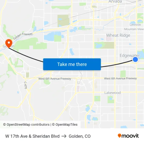 W 17th Ave & Sheridan Blvd to Golden, CO map