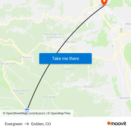 Evergreen to Golden, CO map