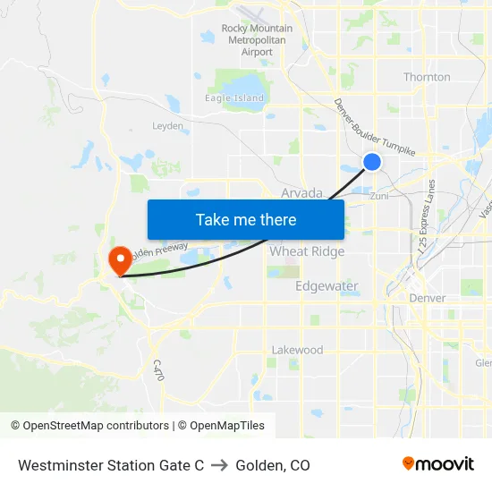 Westminster Station Gate C to Golden, CO map