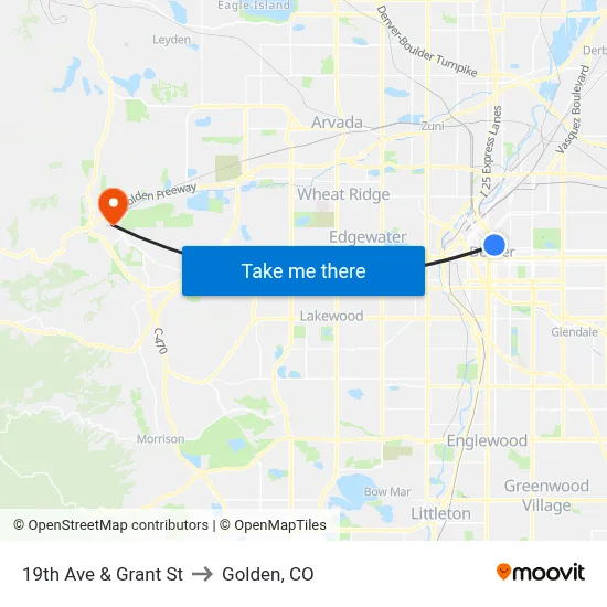 19th Ave & Grant St to Golden, CO map