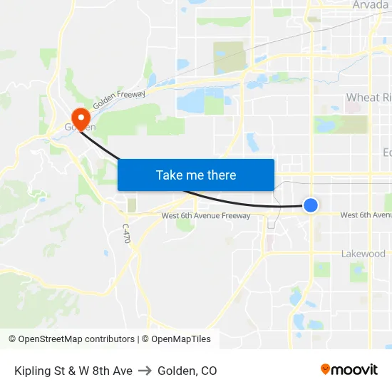 Kipling St & W 8th Ave to Golden, CO map