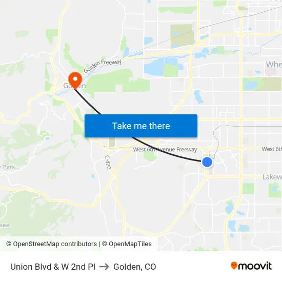 Union Blvd & W 2nd Pl to Golden, CO map