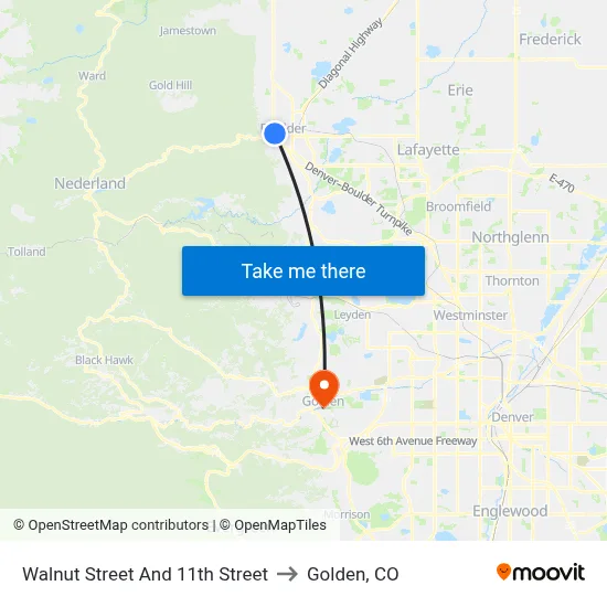 Walnut Street And 11th Street to Golden, CO map