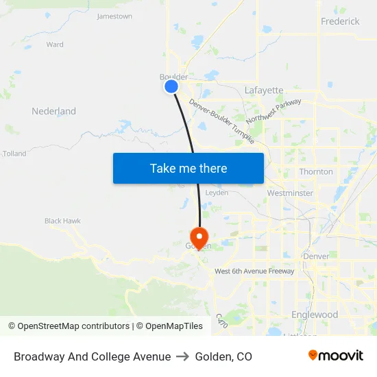 Broadway And College Avenue to Golden, CO map