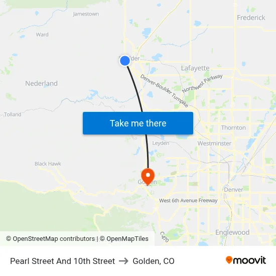 Pearl Street And 10th Street to Golden, CO map