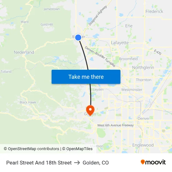 Pearl Street And 18th Street to Golden, CO map