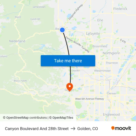 Canyon Boulevard And 28th Street to Golden, CO map