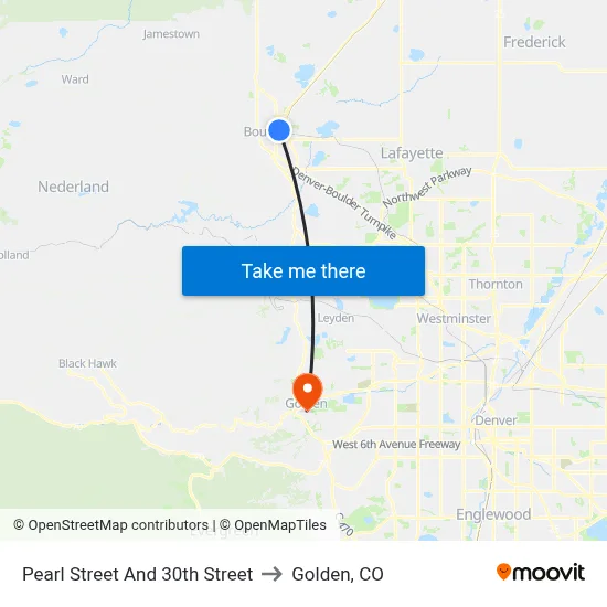 Pearl Street And 30th Street to Golden, CO map