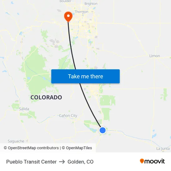Pueblo Transit Center to Golden, CO map