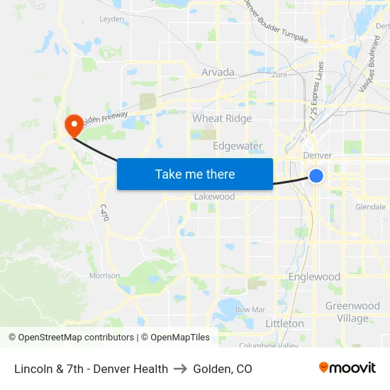 Lincoln & 7th - Denver Health to Golden, CO map