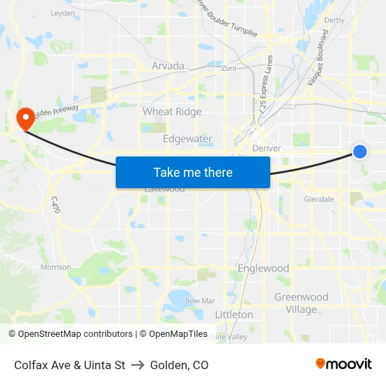 Colfax Ave & Uinta St to Golden, CO map