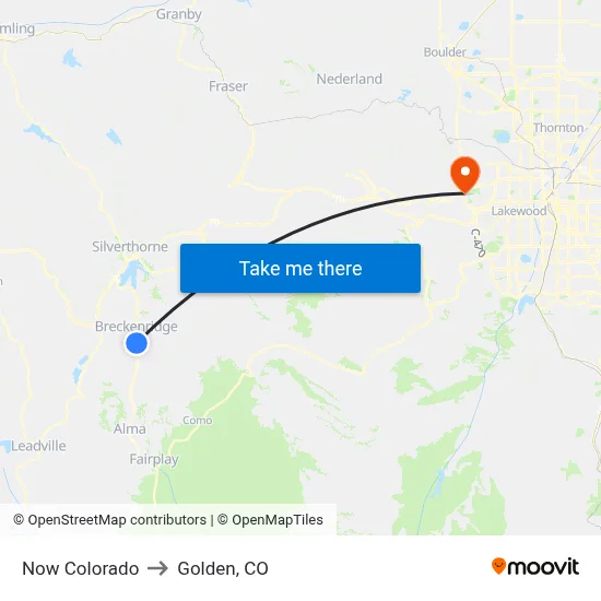 Now Colorado to Golden, CO map