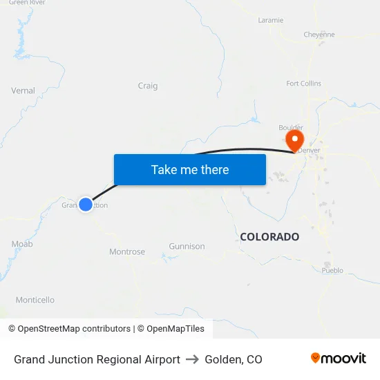 Grand Junction Regional Airport to Golden, CO map