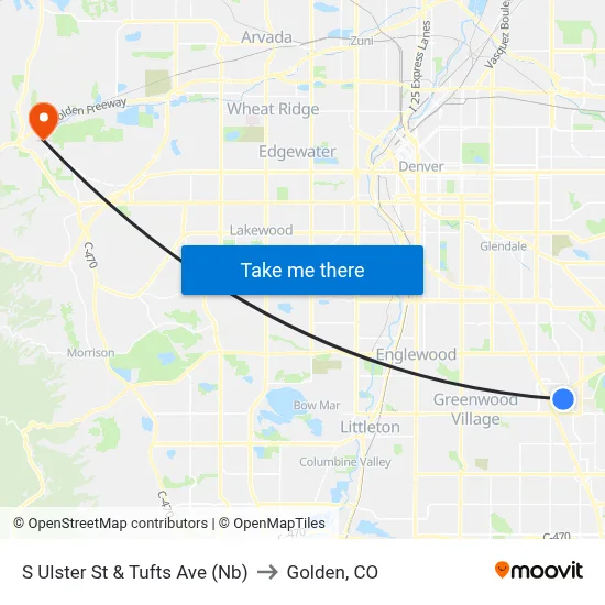 S Ulster St & Tufts Ave (Nb) to Golden, CO map