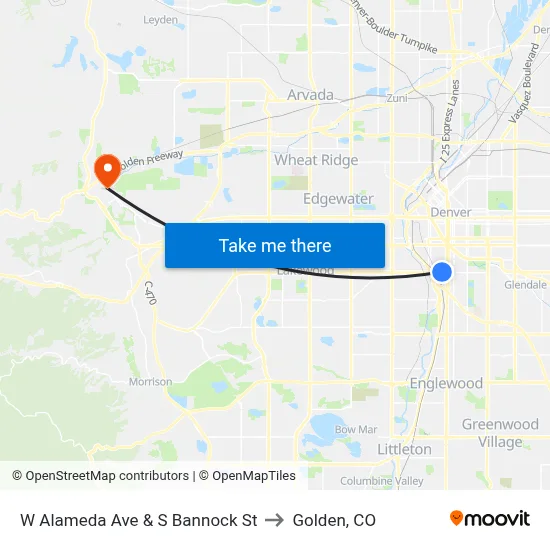 W Alameda Ave & S Bannock St to Golden, CO map