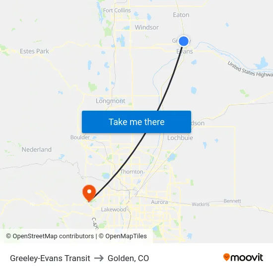Greeley-Evans Transit to Golden, CO map
