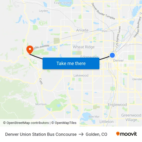 Denver Union Station Bus Concourse to Golden, CO map